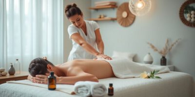 Massage-Szene mit Therapeut und Klient in entspannender Umgebung.
