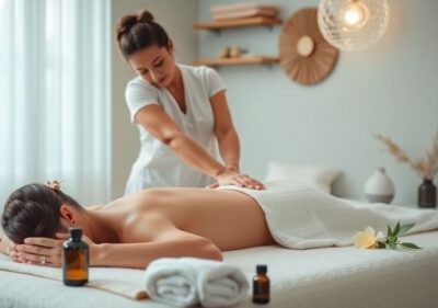 Massage-Szene mit Therapeut und Klient in entspannender Umgebung.