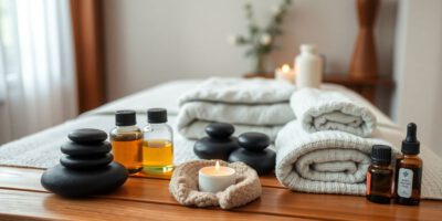 Massagezubehör auf einem Holztisch in einem Spa