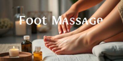 Person massiert Füße mit Öl in entspannter Umgebung.