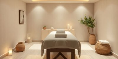 Ein Massagetisch in einer ruhigen Spa-Umgebung.