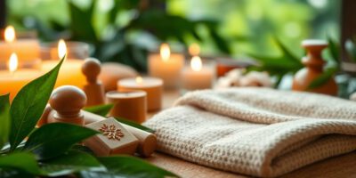 Kräuterstempelmassage in einem ruhigen Spa-Umfeld.