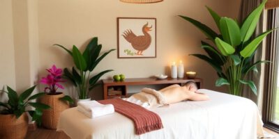 Beruhigende Spa-Umgebung mit Massagetisch und Pflanzen.