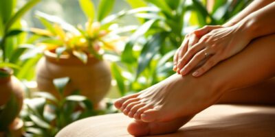 Chinesische Fußmassage mit entspannenden grünen Pflanzen.