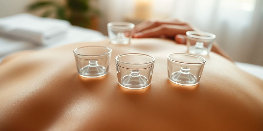 Schröpfen Massage mit Glasbechern auf dem Rücken.