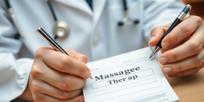 Arzt schreibt Rezept für Massage auf einem Notizblock.