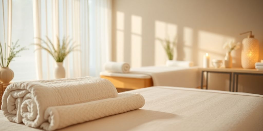 Entspannende Massageumgebung mit weichen Handtüchern und Ruhemöbel.