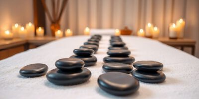 Hot Stone Massage mit Steinen und entspannender Atmosphäre.