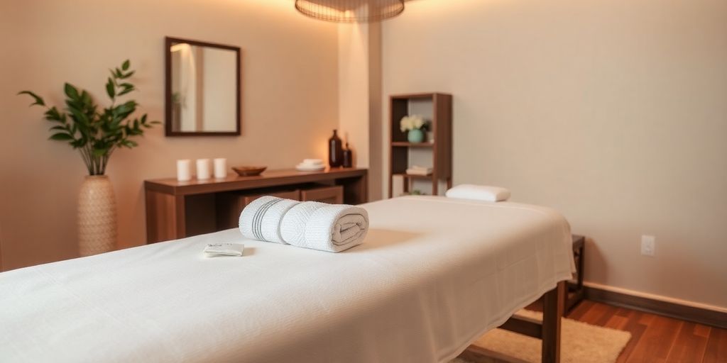 Massage-Tisch mit Handtüchern in entspannender Umgebung.