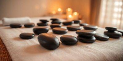 Warmsteine auf einer Massageliege im Spa