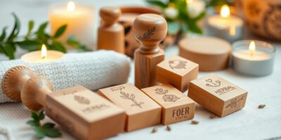 Kräuterstempel-Massage mit frischen Kräutern und Kerzen.