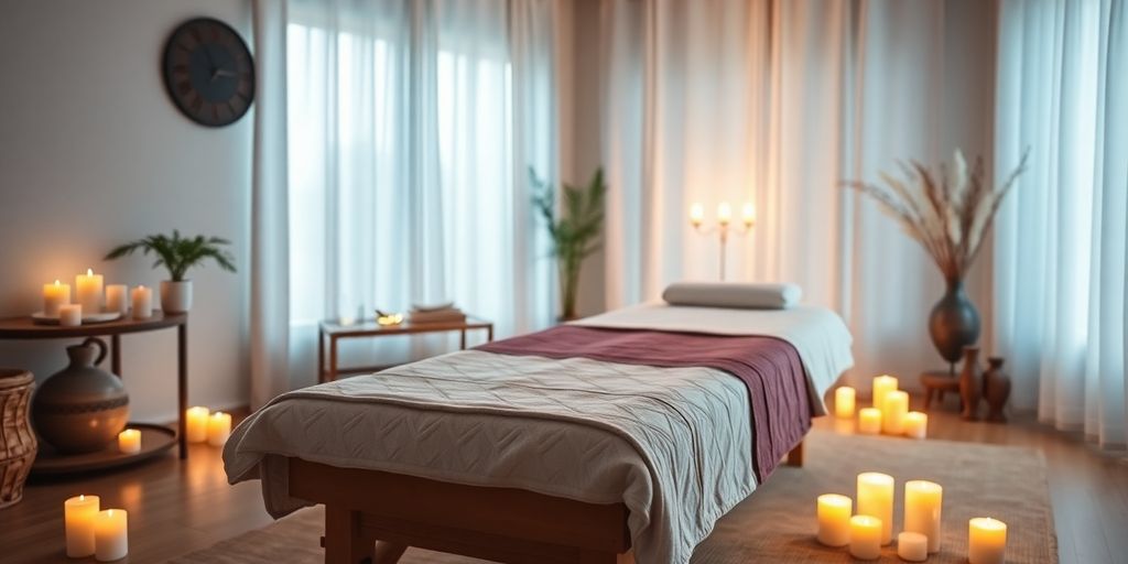 Entspannende Massageumgebung mit Kerzen und ätherischen Ölen.