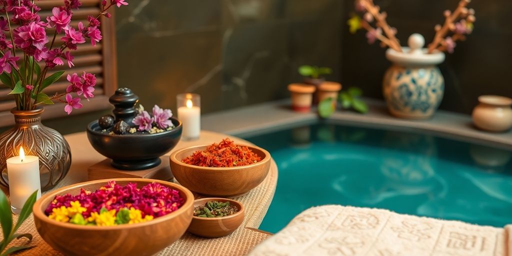 Kräuterstempel Massage in einem ruhigen Spa-Umfeld.