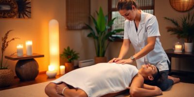 Shiatsu-Therapie: Praktiker massiert entspannten Klienten.