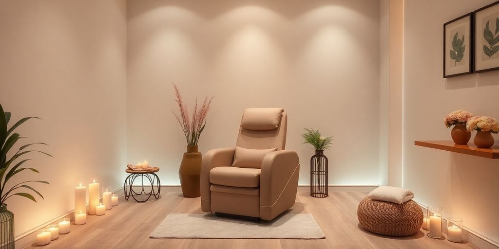 Ein Massagestuhl in einem ruhigen Entspannungsraum.