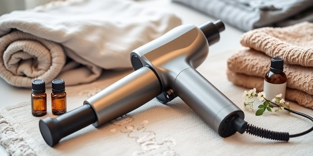 Massagepistole auf einer Matte mit Handtuch und Ölen.