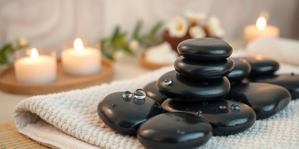 Dunkle, glatte Hot Stones auf einem Handtuch.